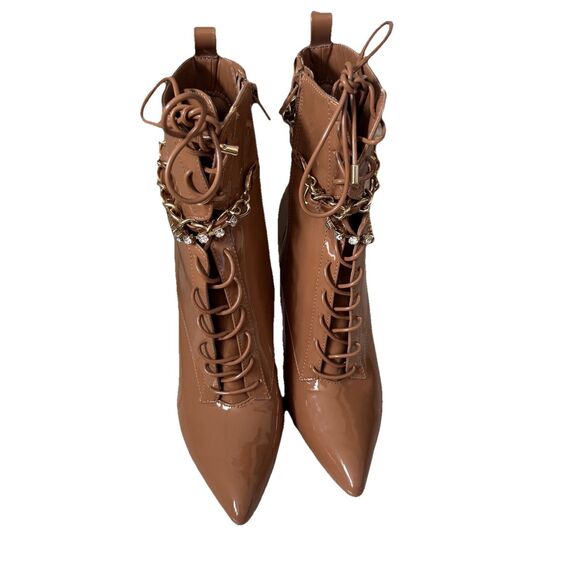 Aldo Women’s Patent Leather Tan Brown Lace Up stiletto Bootie Chain Gold Size 8 - Picture 4 of 8